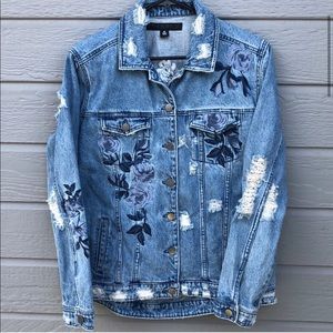 Tinsel distressed floral embroidered denim jacket